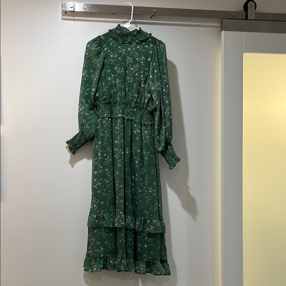Green Ruffled Tiered Long Sleeve Sundress